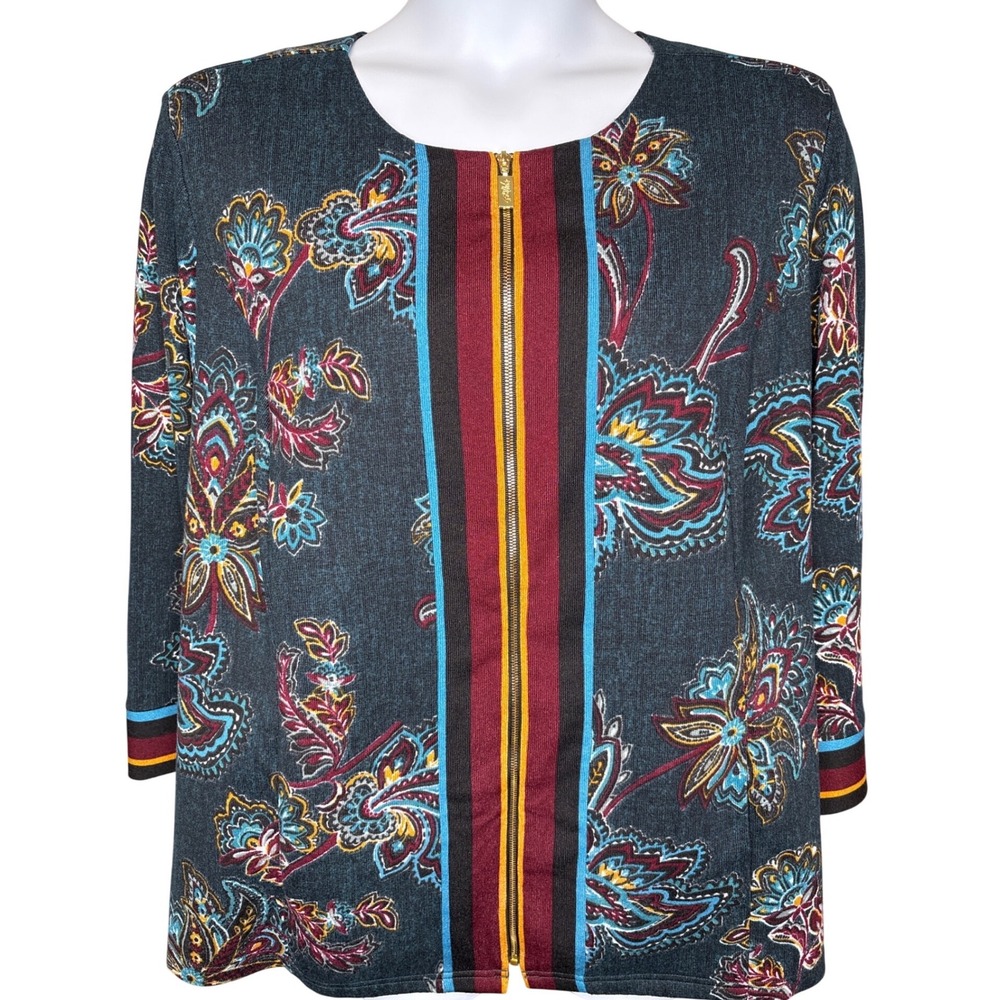 BOB MACKIE Blue Floral Paisley Zip Front Knit Top 2X Art-To-Wear Maximalist Chic